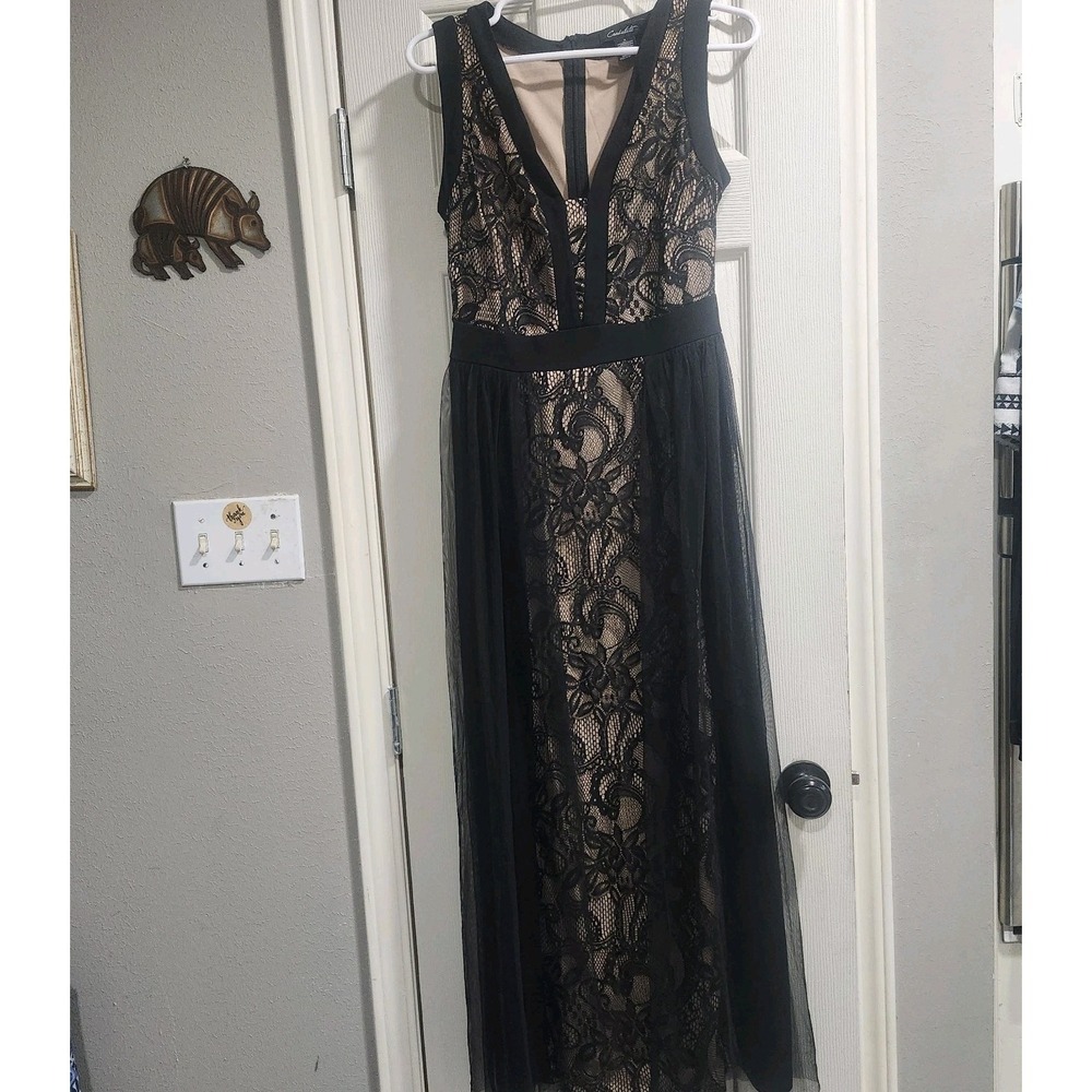 Candalite Black Lace Maxi Dress‎ S Nude Lined Whimsy Goth Sheer Overlay